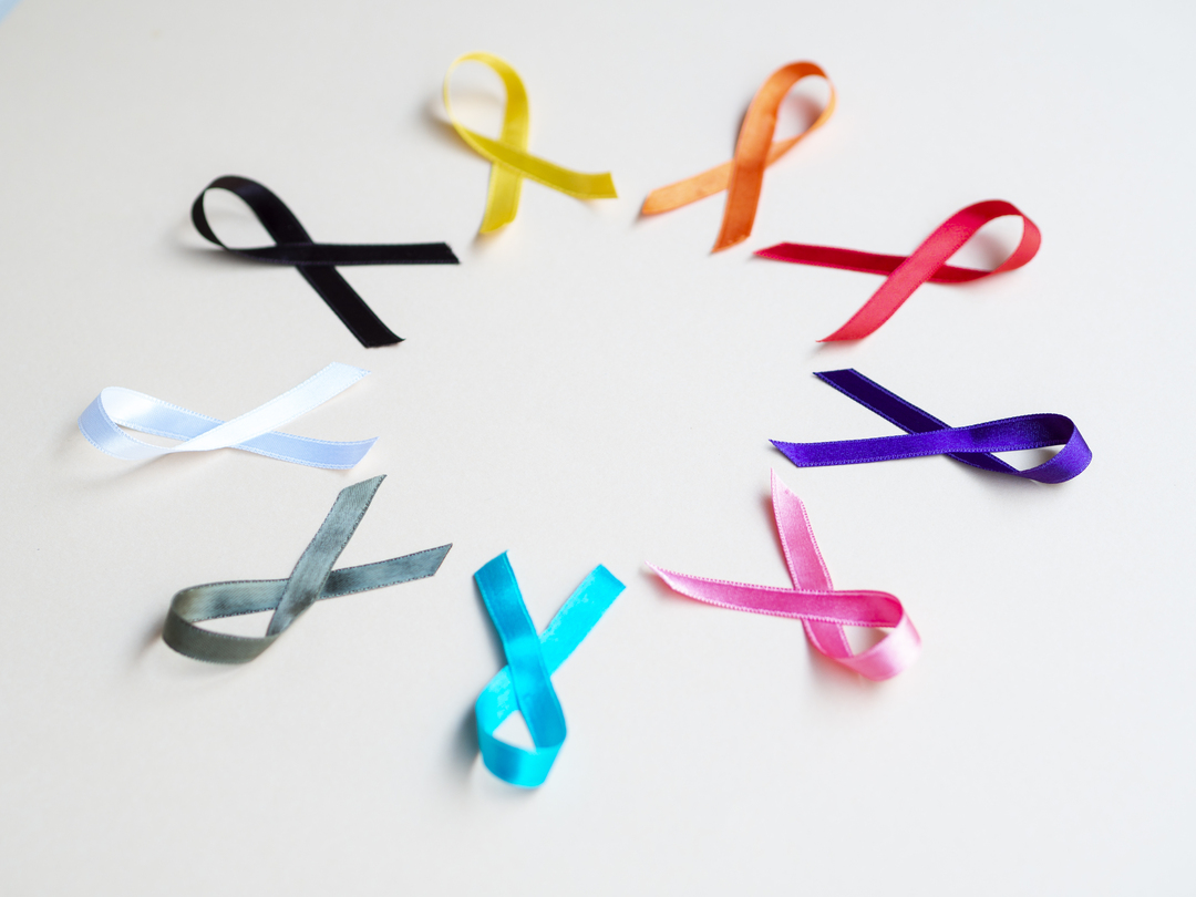 Tumor maligno ou benigno: laços de várias cores representando a prevenção contra tipos de câncer.